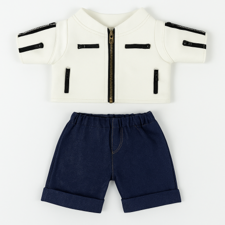 White Biker Outfit for Plush – Zipped Jacket & Denim Shorts – Ref. Y172