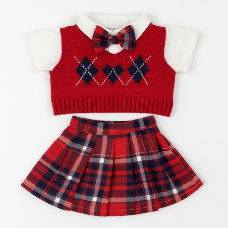 Smart Sweet – Plaid School Outfit for 38-45 cm Plush – Red Sweater, White Shirt, Pleated Skirt.Y243