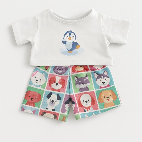 tenue pour peluche t-shirt blanc pingouin et short chiens colorés – Réf. Y185