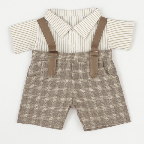 tenue peluche chemise rayée et salopette à carreaux avec bretelles – Réf. Y138