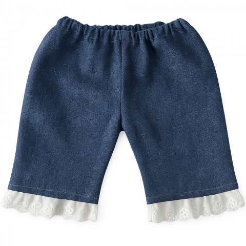 jean bleu foncé à dentelle pour peluche 40 cm – vue à plat – Réf. Y100