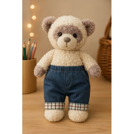 Dark blue plush jeans with checkered turn-ups – Ref. Y099 – shown worn and flat