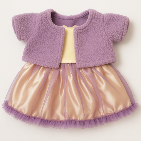 Lavendel-Outfit Kuscheltier – Satinkleid & Fleecejacke – Ref. Y130
