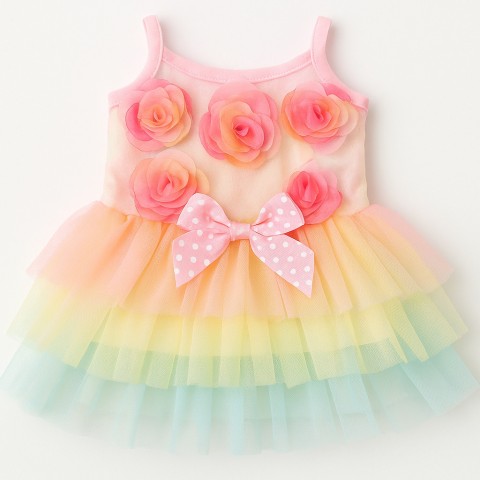 Robe licorne multicolore pastel pour peluche – avec fleurs 3D et tulle – Réf. Y161