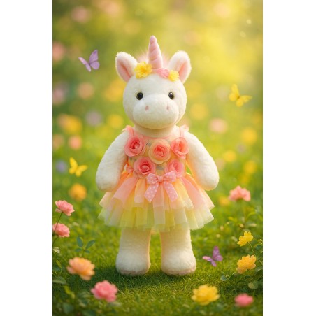 Robe licorne multicolore pastel pour peluche – avec fleurs 3D et tulle – Réf. Y161