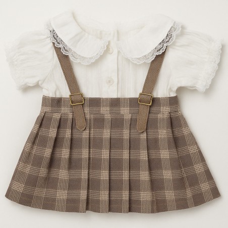 Ensemble "Écolière Élégante" – Chemisier blanc et jupe à bretelles à carreaux pour peluche 40 cm – Réf. Y130