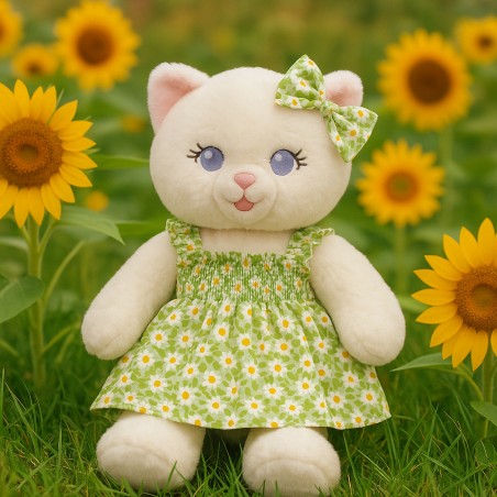 Robe verte à bretelles pour peluche avec imprimé marguerites – vue à plat – Réf. Y163