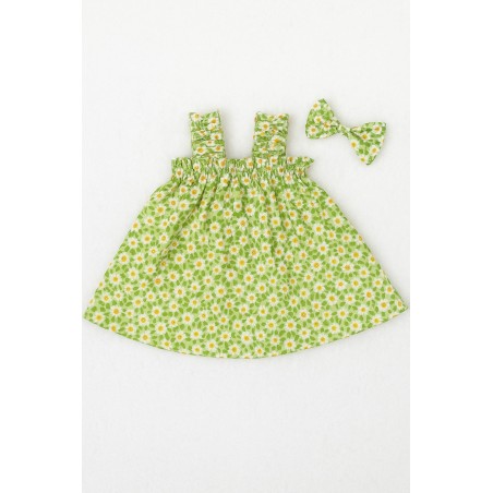 Robe verte à bretelles pour peluche avec imprimé marguerites – vue à plat – Réf. Y163