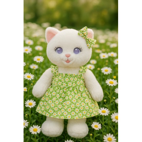 Robe verte à bretelles pour peluche avec imprimé marguerites – vue à plat – Réf. Y163