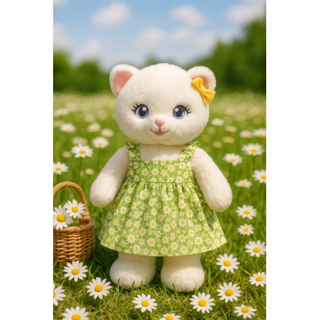 Robe verte à bretelles pour peluche avec imprimé marguerites – vue à plat – Réf. Y163
