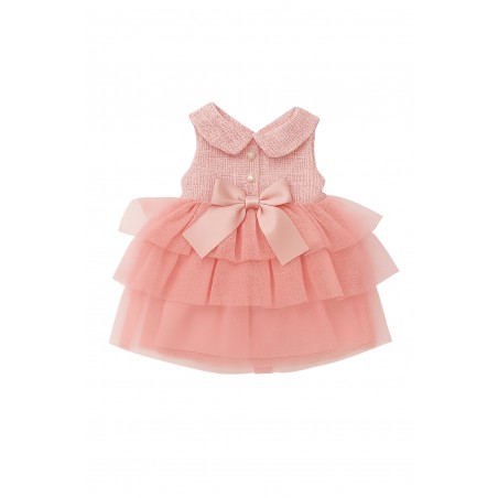 Robe Rose Élégance en Tulle à Volants et Nœud Satin – Réf. Y225