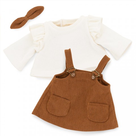 Ensemble Autumn Mood Réf. L112 pour peluche Lucky Doggy avec blouse crème, salopette marron et nœud assorti.