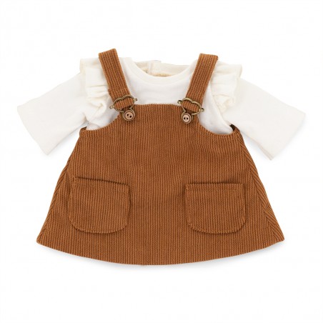 Ensemble Autumn Mood Réf. L112 pour peluche Lucky Doggy avec blouse crème, salopette marron et nœud assorti.