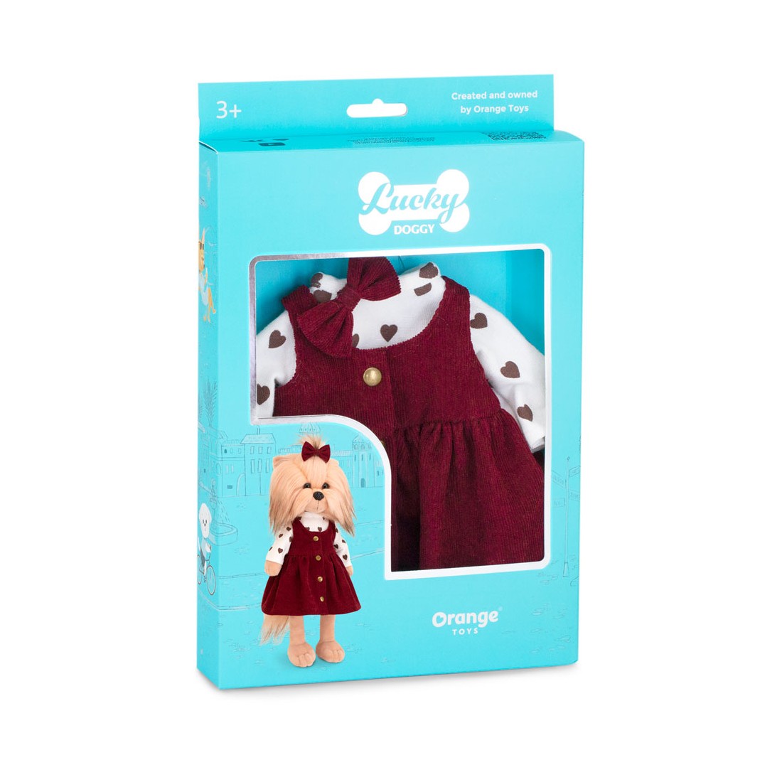 Cozy Casual set Ref. L128 for Lucky Doggy plush with heart-print top, burgundy dress and bow. Cozy Casual set Ref. L128 for Lucky Doggy plush with heart-print top, burgundy dress and bow.
