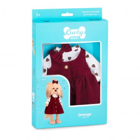 Cozy Casual set Ref. L128 for Lucky Doggy plush with heart-print top, burgundy dress and bow.