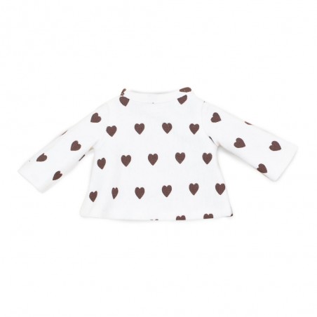 Ensemble Cozy Casual Réf. L128 pour peluche Lucky Doggy avec tee-shirt à cœurs, robe bordeaux et nœud assorti.
