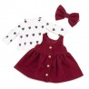 Ensemble Cozy Casual Réf. L128 pour peluche Lucky Doggy avec tee-shirt à cœurs, robe bordeaux et nœud assorti.