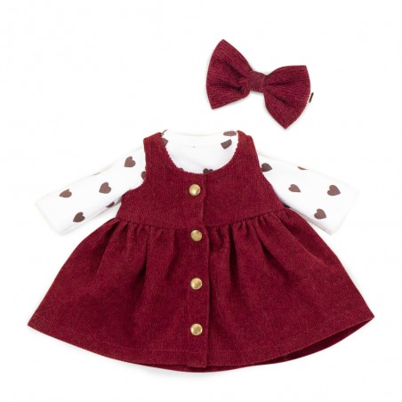 Cozy Casual set Ref. L128 for Lucky Doggy plush with heart-print top, burgundy dress and bow.