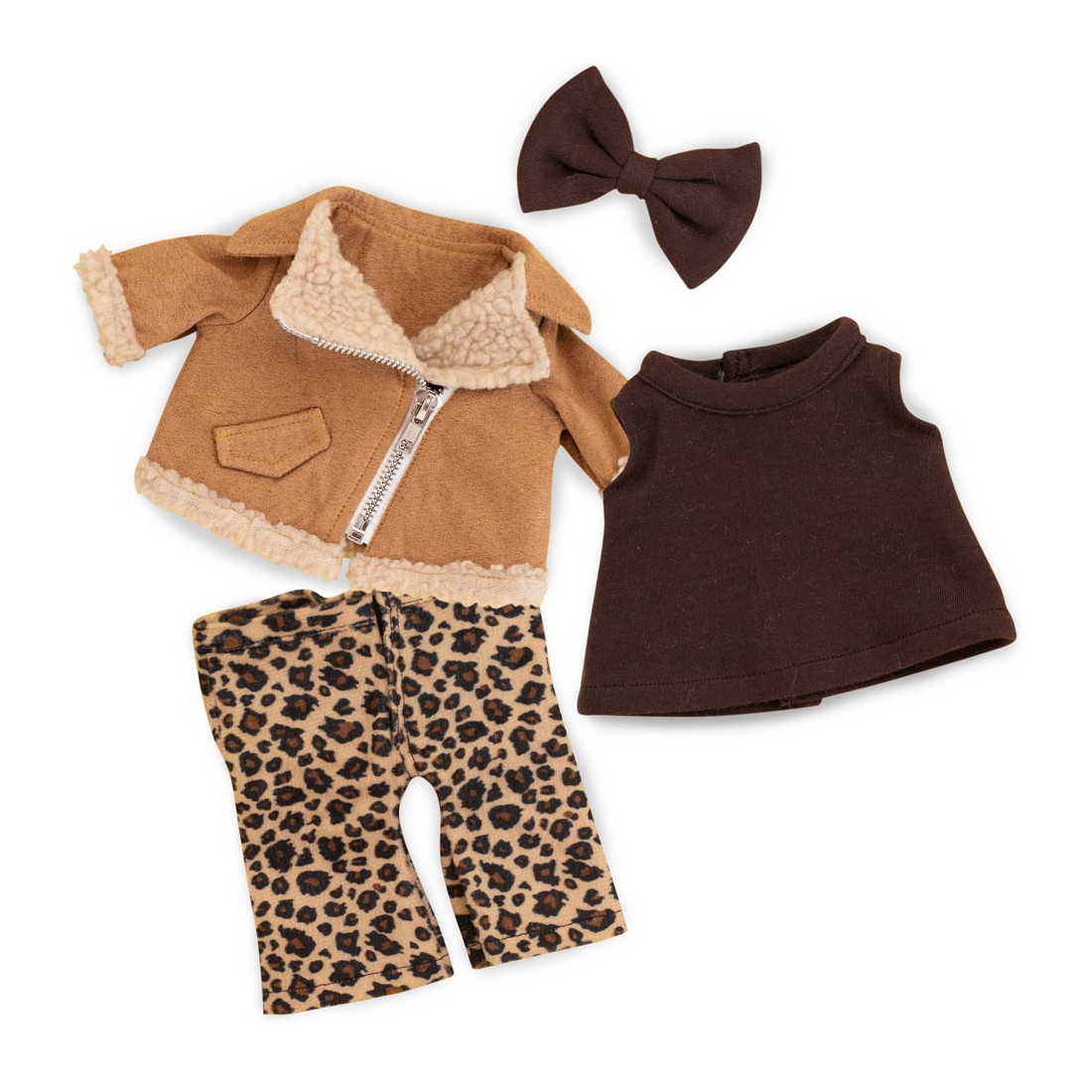 Ensemble Leopard Outfit Réf. L131 pour peluche Lucky Doggy, pantalon léopard, top marron, blouson camel et nœud. Ensemble Leopard Outfit Réf. L131 pour peluche Lucky Doggy, pantalon léopard, top marron, blouson camel et nœud.