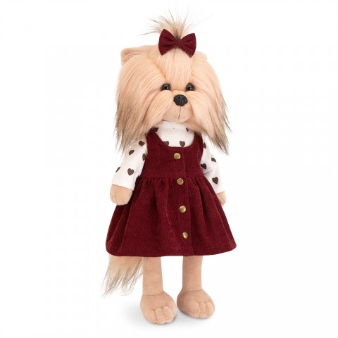 Lucky Yoyo Cozy Casual Ref. LD2/128 wearing burgundy dress and heart-print top.
