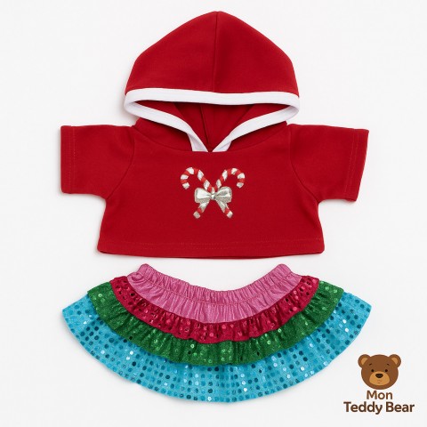 Tenue Candy Y20249 – Sweat à capuche rouge et jupe multicolore pour peluche 40 cm