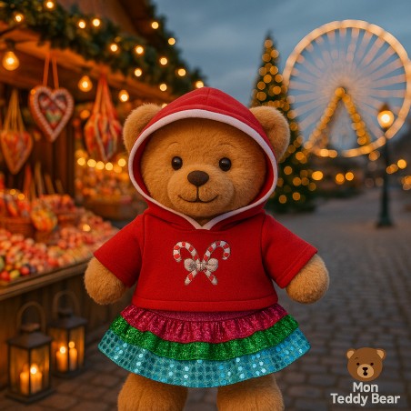 Tenue Candy 20249 – Sweat à capuche rouge et jupe multicolore pour peluche 40 cm