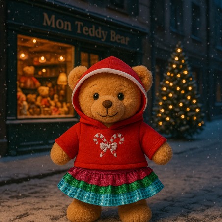 Tenue Candy 20249 – Sweat à capuche rouge et jupe multicolore pour peluche 40 cm