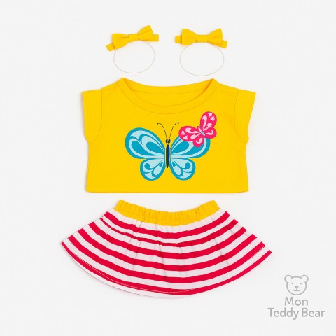 Butterfly Outfit 20214 – Yellow t-shirt and striped skirt for 40 cm teddy bear – The Bear Factory