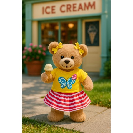 Butterfly Outfit 20214 – Yellow t-shirt and striped skirt for 40 cm teddy bear – The Bear Factory