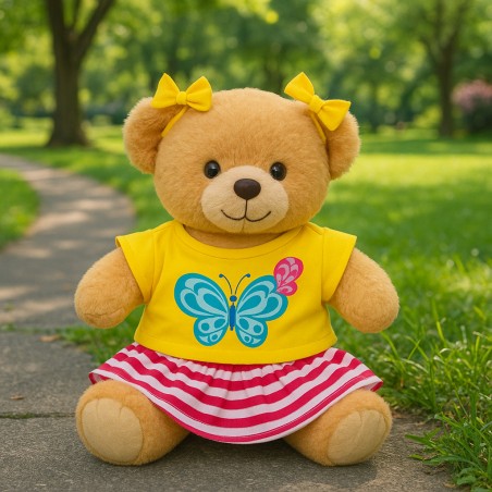 Butterfly Outfit 20214 – Yellow t-shirt and striped skirt for 40 cm teddy bear – The Bear Factory