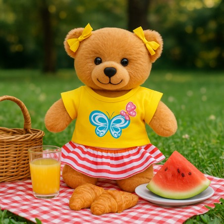 Butterfly Outfit 20214 – Yellow t-shirt and striped skirt for 40 cm teddy bear – The Bear Factory