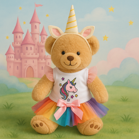 Tenue Licorne pour peluche 40 cm – haut licorne et jupe arc-en-ciel – Réf. 20259