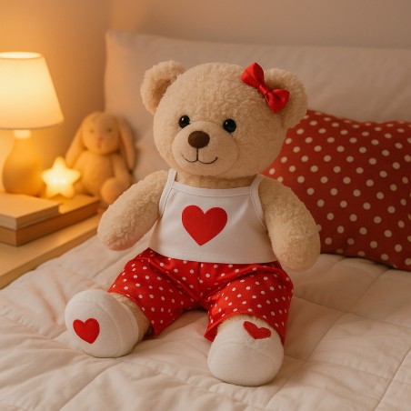 Pyjama rouge satin avec cœur et chaussons pour peluche 40 cm – Réf. 2377