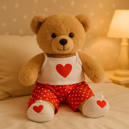 Rotes Satin-Pyjama mit Herz und Hausschuhen für Plüschbär 40 cm – Ref. 2377