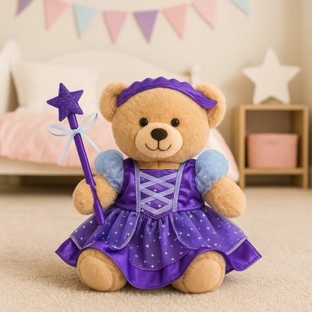 Feenprinzessin-Kleid Lila mit Zauberstab und Diadem – Plüschbär 40 cm – Ref. 2491