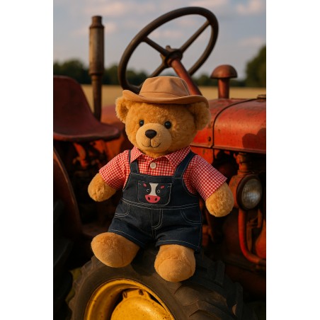 Tenue d’agriculteur pour peluche 40 cm – Chemise à carreaux, salopette en jean et chapeau – Cuddles & Friends réf. 3263