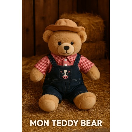 Tenue d’agriculteur pour peluche 40 cm – Chemise à carreaux, salopette en jean et chapeau – Cuddles & Friends réf. 3263