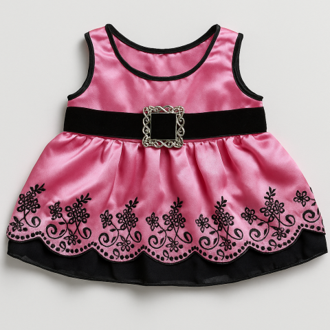 Rosa Satinkleid mit schwarzem Gürtel und silberner Schnalle – Ref. 82