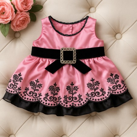 Pink and black satin dress with silver buckle for 40 cm plush – Ref. 82