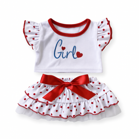 Rood met witte stippen “Girls” outfit voor knuffel 40 cm – Ref. 565