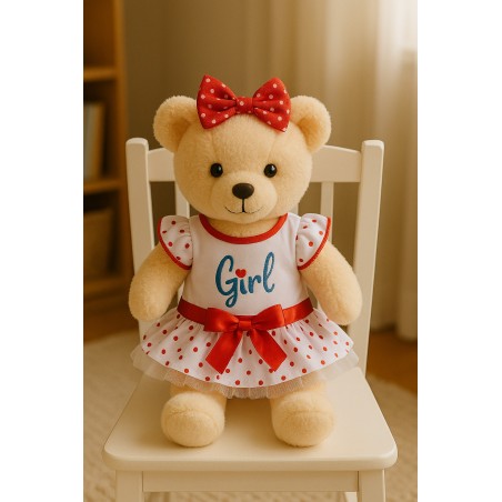 Rood met witte stippen “Girls” outfit voor knuffel 40 cm – Ref. 565
