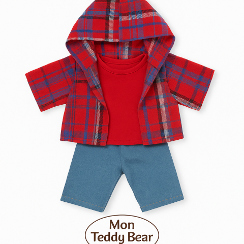 Knuffelkleding 40 cm – “Weekend Denim” set plat gepresenteerd (rood T-shirt, geruite hoodie, jeans) – Ref. Y1003