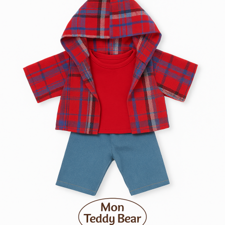Plush clothes 40 cm – “Weekend Denim” outfit flat lay (red t-shirt, hooded check shirt, jeans) – Ref. Y1003