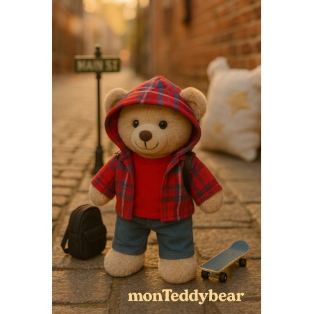 Plush clothes 40 cm – “Weekend Denim” outfit flat lay (red t-shirt, hooded check shirt, jeans) – Ref. Y1003