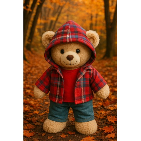 Plush clothes 40 cm – “Weekend Denim” outfit flat lay (red t-shirt, hooded check shirt, jeans) – Ref. Y1003