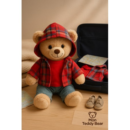 Plush clothes 40 cm – “Weekend Denim” outfit flat lay (red t-shirt, hooded check shirt, jeans) – Ref. Y1003
