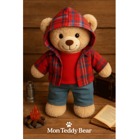 Plush clothes 40 cm – “Weekend Denim” outfit flat lay (red t-shirt, hooded check shirt, jeans) – Ref. Y1003