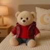 Knuffelkleding 40 cm – “Weekend Denim” set plat gepresenteerd (rood T-shirt, geruite hoodie, jeans) – Ref. Y1003