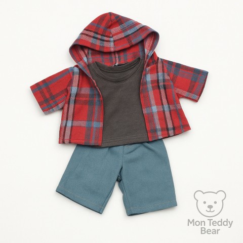 Knuffelkleding 40 cm – “Weekend Denim Grijs” set (grijs T-shirt, geruite hoodie, jeans) – Ref. Y1004