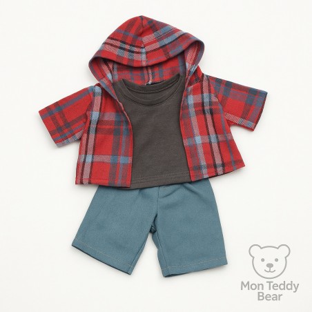 Knuffelkleding 40 cm – “Weekend Denim Grijs” set (grijs T-shirt, geruite hoodie, jeans) – Ref. Y1004